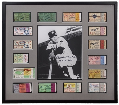 Mickey Mantle World Series Home Run Ticket Collage With Signed and Inscribed Photograph In 25.5 x 28 Framed Display (JSA)